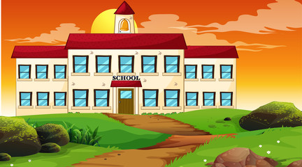 School building sunset scene