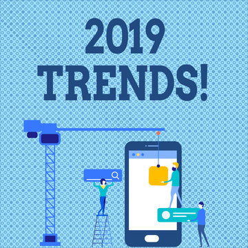 Word writing text 2019 Trends. Business photo showcasing general direction in which something is developing or changing Staff Working Together for Common Target Goal with SEO Process Icons