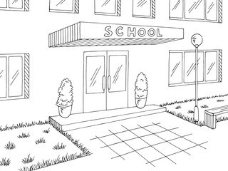 School exterior building graphic black white sketch illustration vector