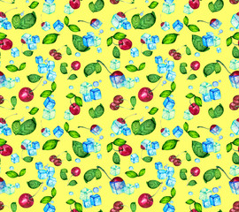 Seamless background of fresh cherry berries, green leaves and ice cubes. Refreshing bright background for Wallpaper, textiles, packaging and advertising of tea or soda.