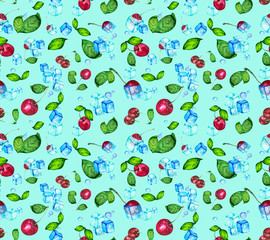 Seamless background of fresh cherry berries, green leaves and ice cubes. Refreshing bright background for Wallpaper, textiles, packaging and advertising of tea or soda.