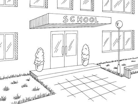 School exterior building graphic black white sketch illustration vector