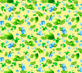 Seamless pattern of fresh lime, mint and ice cubes. Refreshing bright background for Wallpaper, textiles, packaging and advertising of tea or soda.