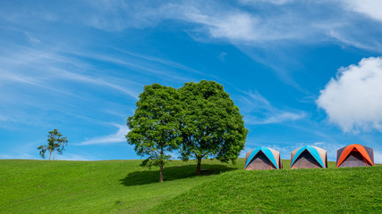 camping tent on green grass in the mountains in summer.
