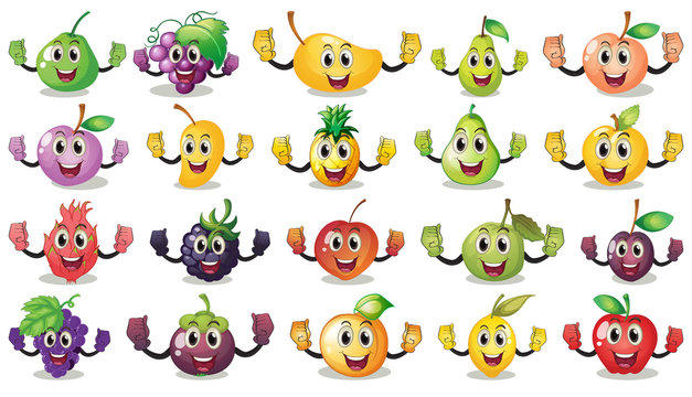 Set of different happy fruits