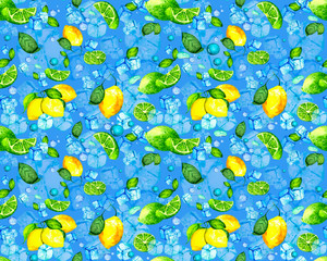 Seamless pattern of fresh lemons, lime and ice cubes. Refreshing background for packaging, Wallpapers, textiles and illustrations on the theme of cooling drinks and fresh citrus.
