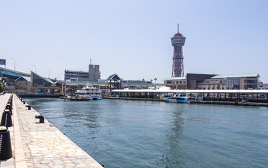 Fototapeta na wymiar Panorama of Hakata Port and lattice Port Tower in Fukuoka, Japan, Asia.