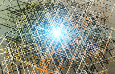 Futuristic yellow orange and blue connection background with lines and roads printed on metal texture