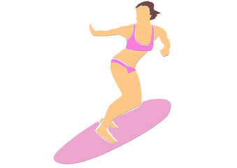 Surfing. Silhouette of female surfer in pink swimsuit on surfboard. Active lifestyle cartoon. Contemporary applique or paper cut style. Colorful vector abstract illustration. Single design element.