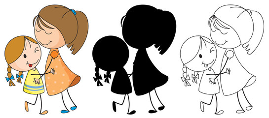 A set of characters in color, silhouette and outline