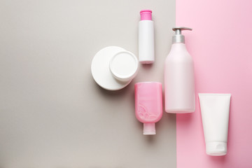 Set of cosmetic products on color background