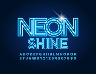 Vector modern Uppercase Neon Font. Blue glowing Alphabet Letters and Numbers