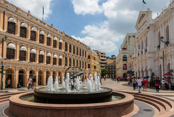 Detail view on historical central Square Largo do Senado, Senate with fountain in pedestrian zone....