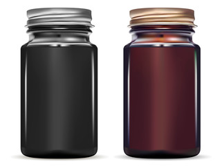 Medicine Bottle. Glossy Black Glass Jar Mockup Set. Brown Glass Supplement Container. Pill, Oil or Syrup Vial. Realistic 3d Medicament Drug Packaging with Screw Cap. Pharmaceutical Medicament Box