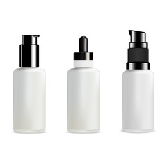 Pump Bottle. Cosmetic Dispenser Glass Package. Matt Glass Serum Jar. Empty White Container for Liquid, Cream. Beauty Essence Mockup Template. 3d Realistic Product Design