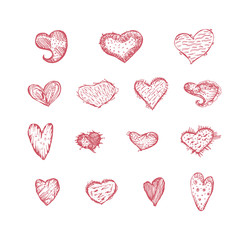 Set of hearts for Valentine's day. Pink hand-drawn illustration isolated on white.