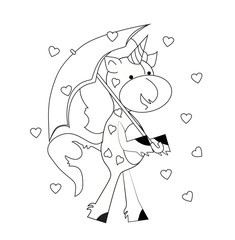Coloring book for kids - unicorn with hearts. Black and white cute cartoon unicorns. Vector illustration.