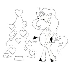 Coloring book for kids - unicorn with hearts. Black and white cute cartoon unicorns. Vector illustration.
