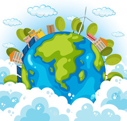 Earth with houses and trees in sky