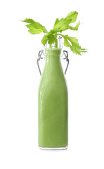 Bottle of fresh healthy smoothie on white background
