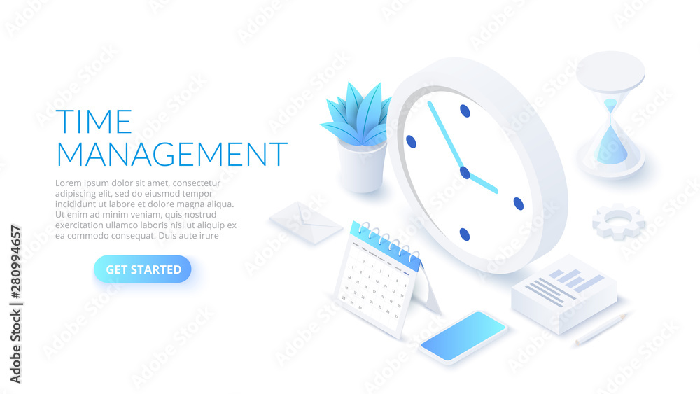 Poster isometric time management banner with character and text place. job schedule optimization concept.