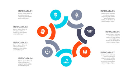 Cyclic diagram infographic with circles. Modern infographic design template with 7 options, steps or parts. Flat vector illustration for business presentation.