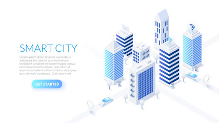 Isometric smart city illustration. Business center with skyscrapers and intelligent buildings. Streets of the city connected to computer network. Internet of things concept.