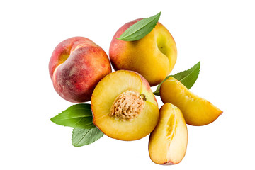 Fresh organic peaches on white background