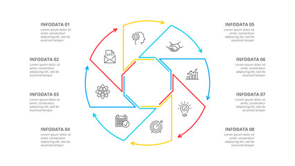 Thin line cycle infographic with arrows. Modern concept design template with 8 options, steps or parts. Flat vector illustration for business presentation
