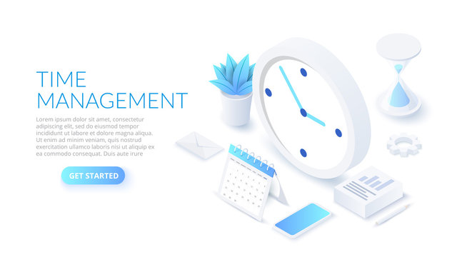 Isometric Time Management Banner With Character And Text Place. Job Schedule Optimization Concept.