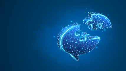 Chat bubble Jigsaw Puzzle. Social Network, dialogue symbol, communication cloud concept. Abstract, digital wireframe, low poly mesh, vector blue neon 3d illustration. Line dot