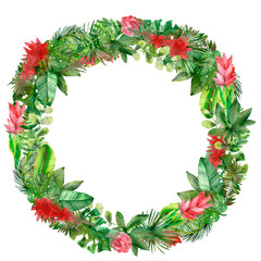 Watercolor hand painted nature jungle wreath with green tropical leaves and branches and red and pink tropical flowers for invitations and greeting cards with the space for text
