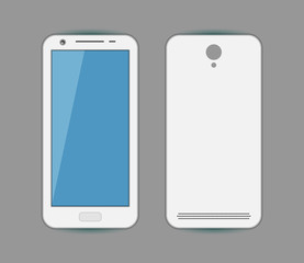 Phone mockup with blank screen. Back and front view realistic on gray background