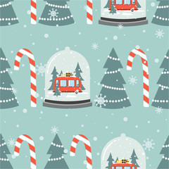 Colorful background with snow globe, red bus with gifts, fir trees, candy canes. Decorative cute backdrop vector. Happy New Year, seamless pattern. Winter time