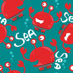 Crabs, english text, hand drawn seamless pattern. Marine background vector. Colorful illustration, overlapping backdrop. Decorative cute wallpaper, good for printing