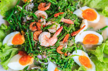 Shrimp salad with boiled egg