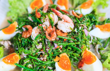 Shrimp salad with boiled egg