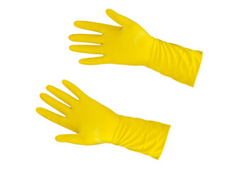 Yellow rubber gloves isolated on a white background. Hand protection gloves on white background. Hand protection yellow gloves