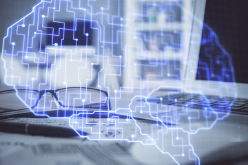 Brain drawings with glasses on the table background. Double exposure.