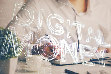 Man's hands working with notes background. Cryptocurrency and finance concept.