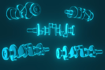 3D rendering. Crankshaft for 6v cylinders engine. Truck crankshaft on blue background. Engine bearing crankshaft.