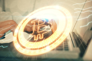 Blockchain theme hud with man working on computer on background. Concept of crypto chain. Double...