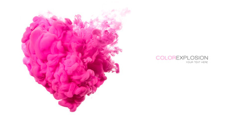 Acrylic Ink in Water. Pink cloud heart shaped on white. Color Explosion