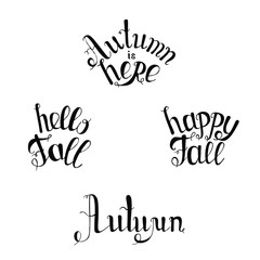 Obraz premium Autumn hand drawing lettering Happy fall, Hello fall, Autumn is here season design element stock vector illustration for web, for print, for stickers
