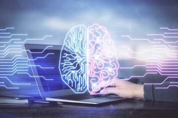 Man typing on keyboard background with brain hologram. Concept of big Data. Double exposure.