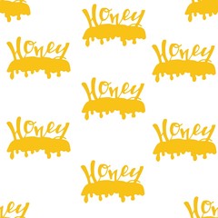 Pattern Honey splash dripping sweet drops from bee honeycomb poster for beekeeping honey shop or bakery. Vector design of dropping honey syrup for desserts or cafeteria and patisserie cakes.