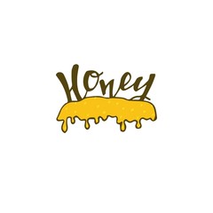 Obraz premium Honey splash dripping sweet drops from bee honeycomb poster for beekeeping honey shop or bakery. Vector design of dropping honey syrup for desserts or cafeteria and patisserie cakes. Hand drawing.