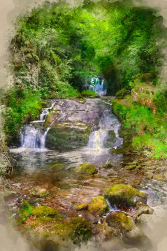 Digital watercolour painting of Stunning waterfall flowing over rocks through lush green forest