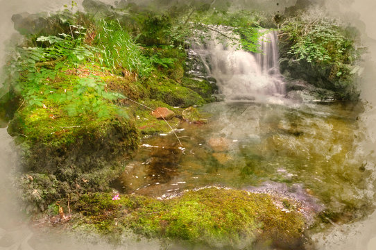 Digital watercolour painting of Lush green forest scene with waterfall flowing through and over rocks