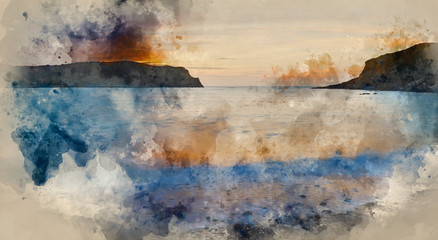 Digital watercolour painting of Stunning vibrant sunrise landscape over Lulworth Cove Jurassic Coast England